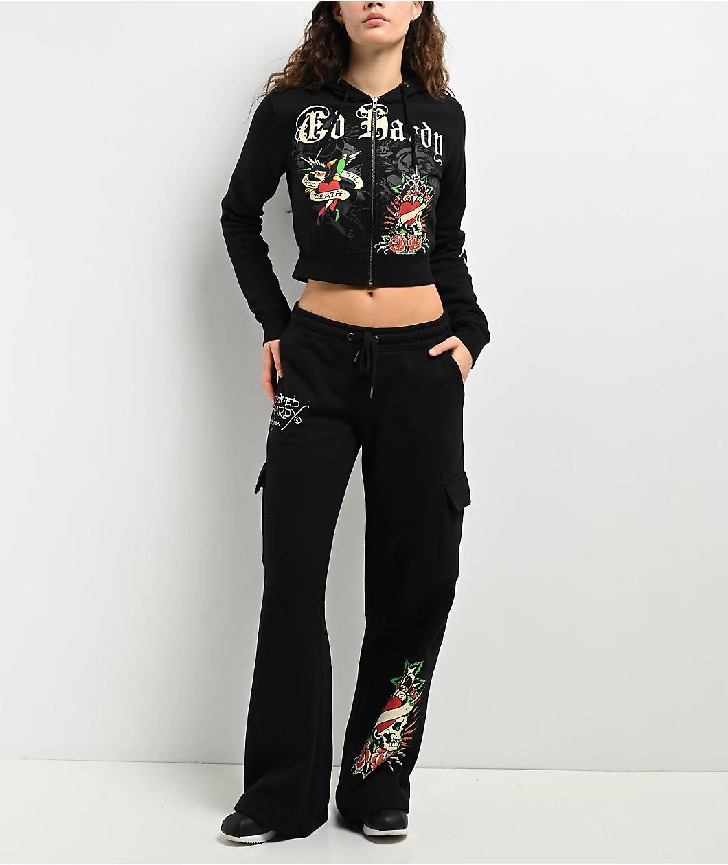 Ed Hardy Rose Skull Black Crop Zip Hoodie Product Image