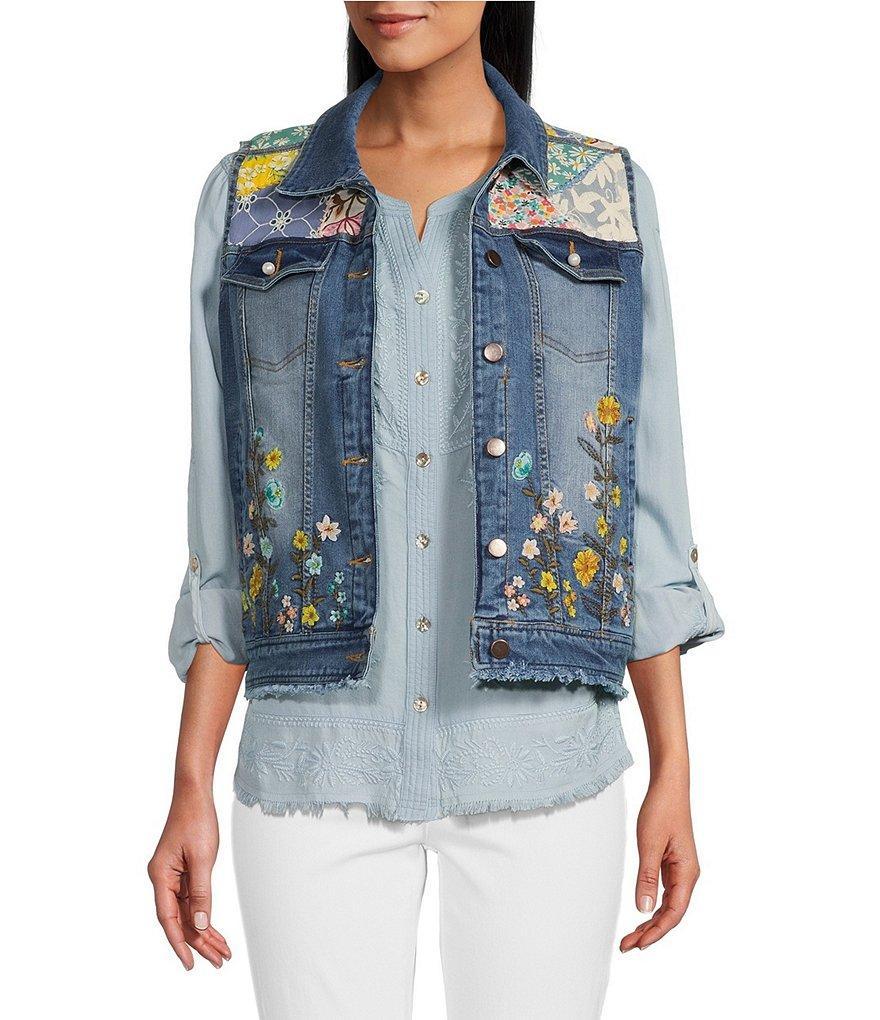 John Mark Embroidered Floral Point Collar Sleeveless Button-Front Denim Vest Product Image