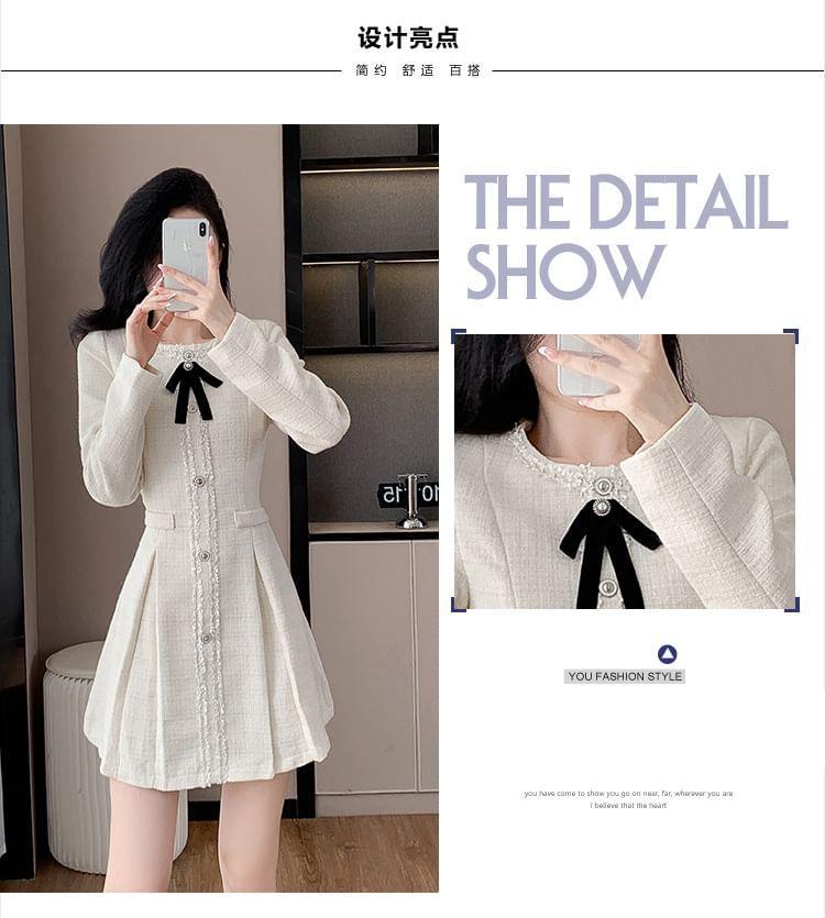 Long-Sleeve Crewneck Button-Up Mini A-Line Dress Product Image