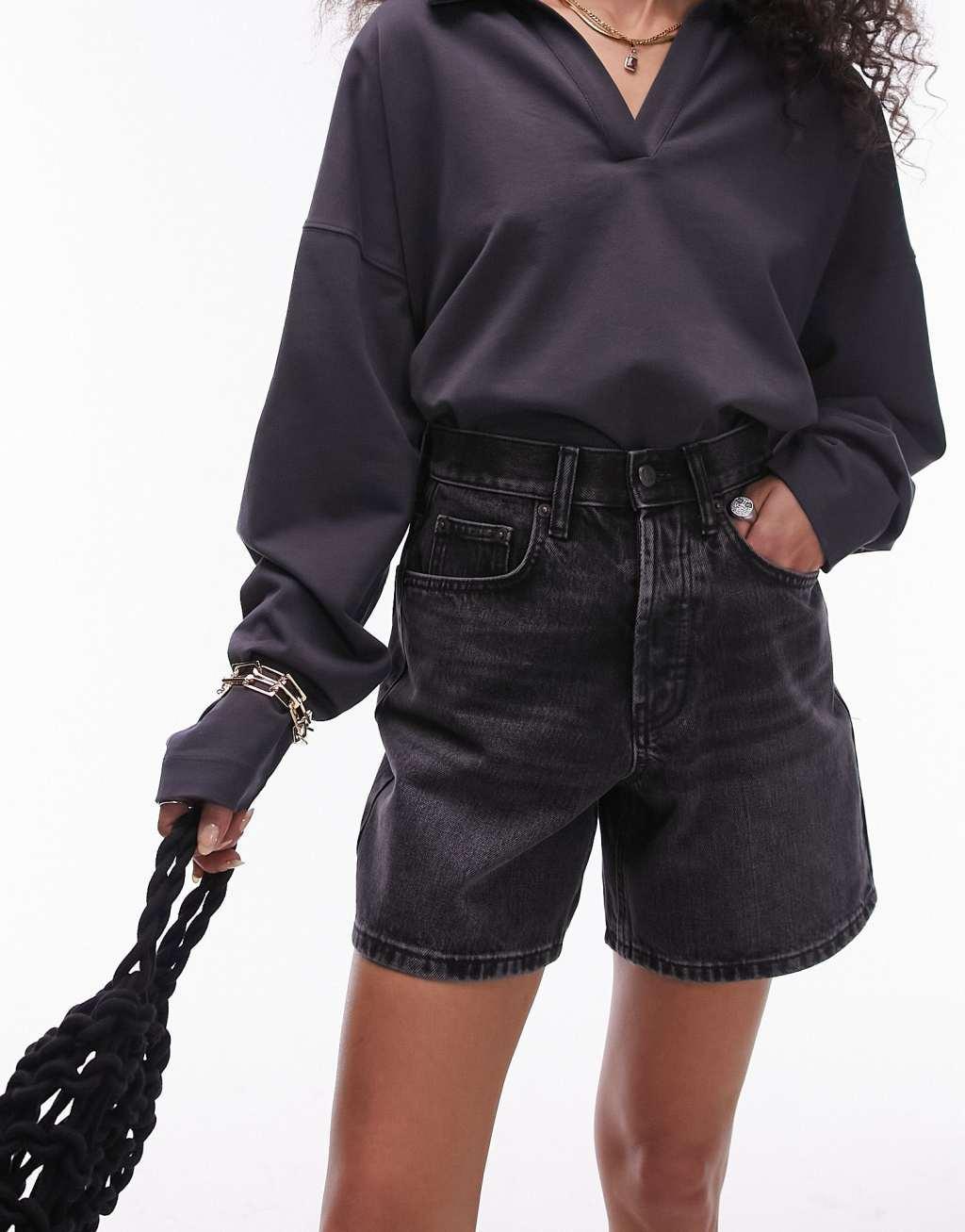 Topshop denim shorts in washed black product image