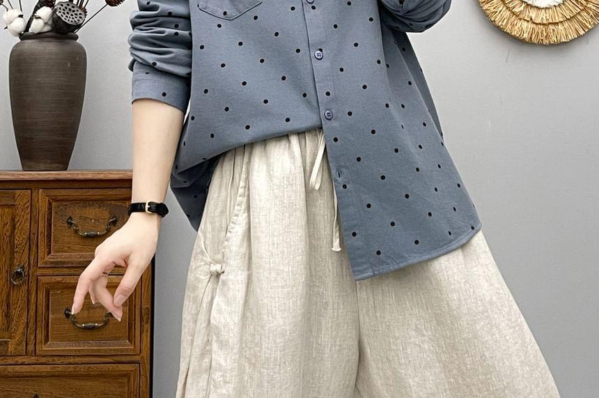 Long Sleeve Lapel Collar Dotted Button Shirt Product Image