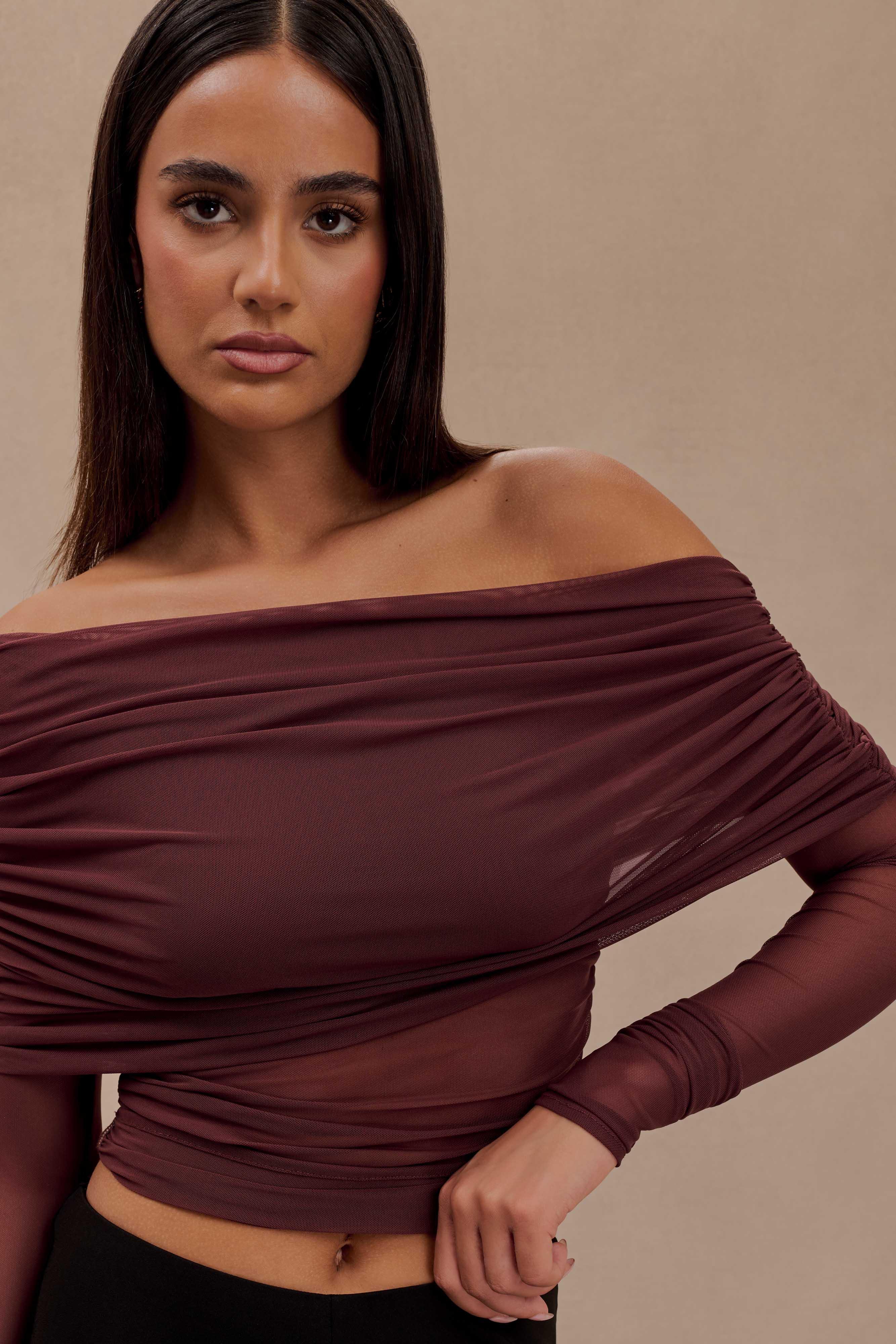 Everly Sheer Mesh Off Shoulder Top - Mahogany Product Image