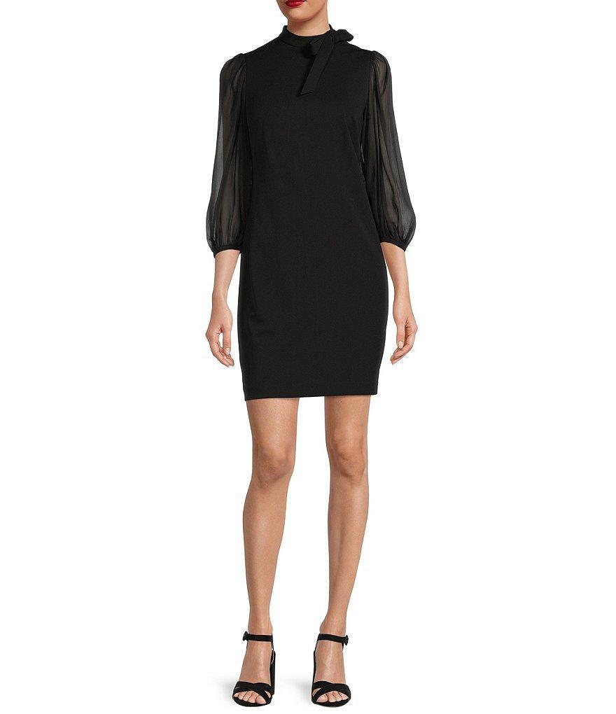 Calvin Klein Chiffon Balloon 3/4 Sheer Sleeve Tie Mock Neck Scuba Crepe Sheath Dress Product Image