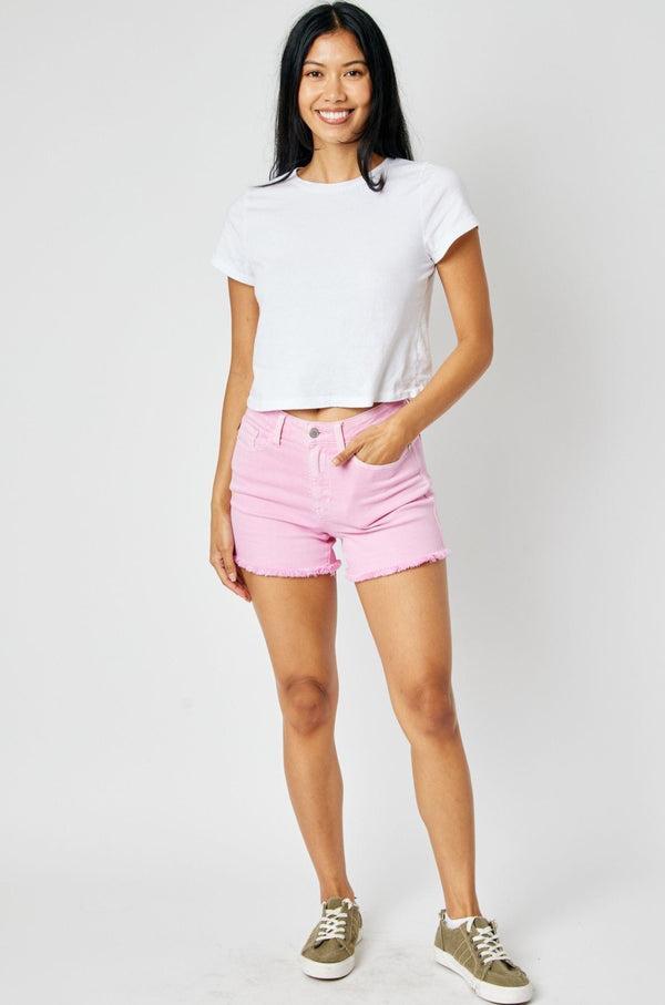 150225   Ridglie Mid-Rise Pink Fray Hem Judy Blue Jean Shorts Product Image