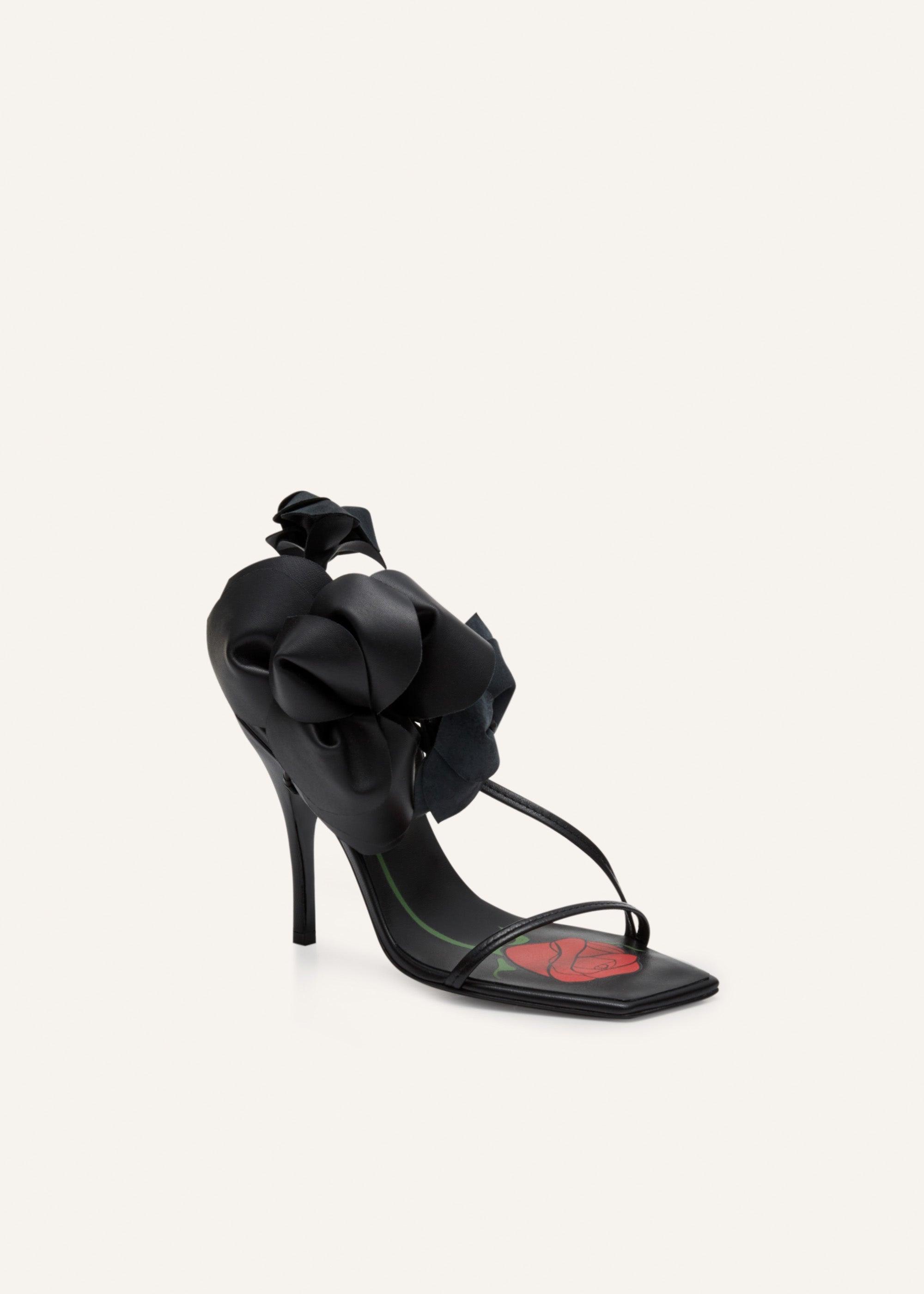 Rose appliqué leather sandals in black Product Image