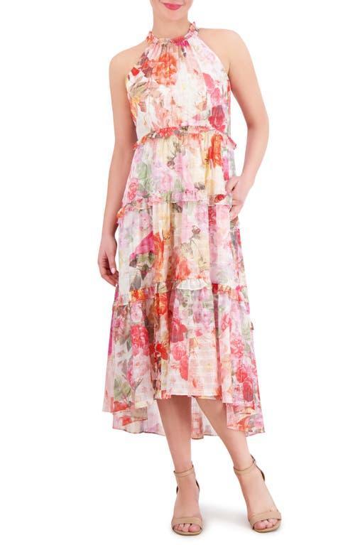 Vince Camuto Floral Metallic Stripe High-Low Tiered Midi Dress Product Image