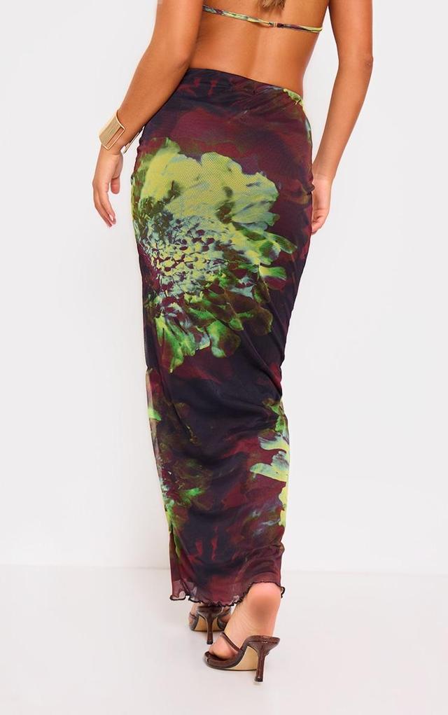 Purple Floral Print Mesh Low Rise Maxi Skirt Product Image