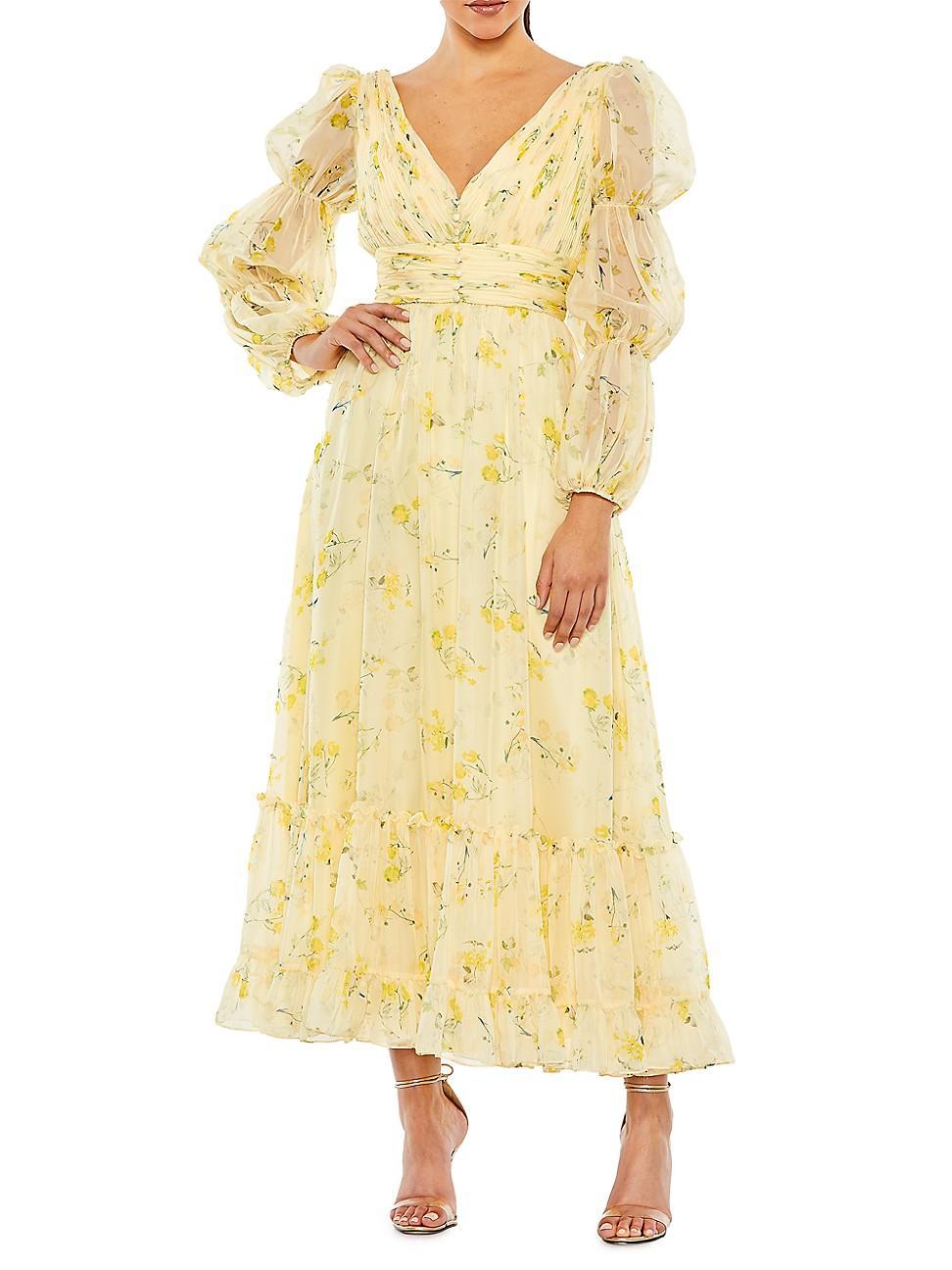 Womens Floral Puff-Sleeve Chiffon Midi-Dress Product Image