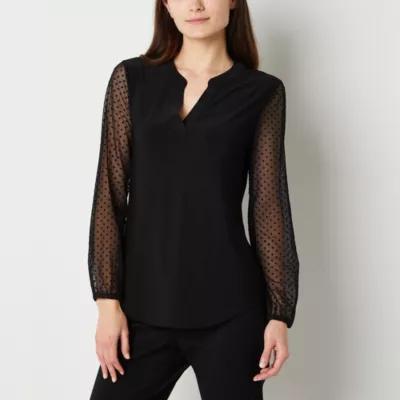 Black Label by Evan-Picone Womens Split Crew Neck Long Sleeve Blouse Product Image