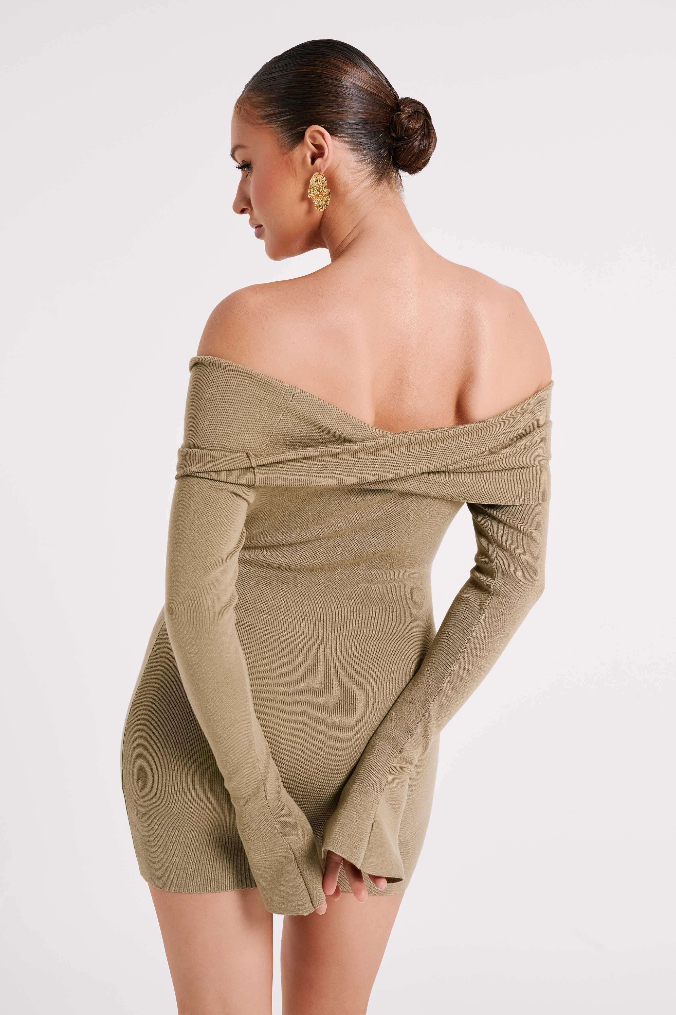 Clover Off Shoulder Knit Mini Dress - Olive Product Image