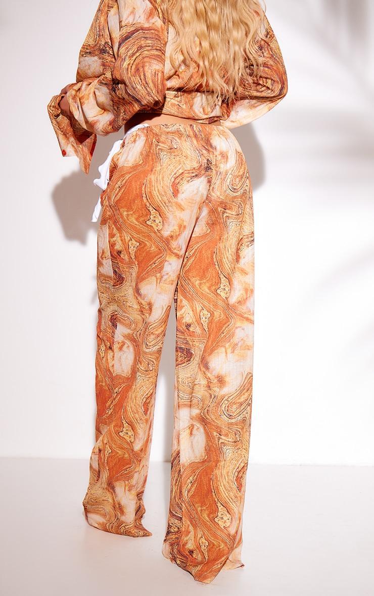 Orange Marble Print Wide Leg Crinkle Textured Beach Pants  Product Image