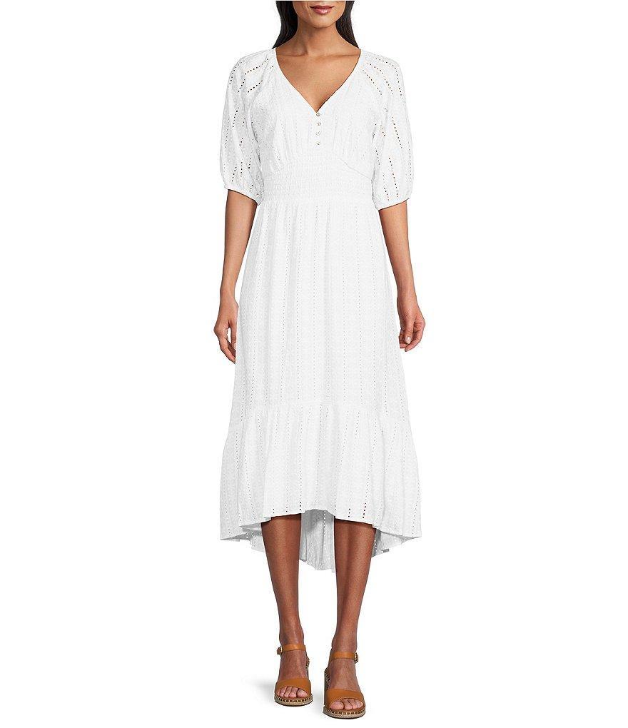 Nurture by Westbound Petite Size Embroidered Eyelet Elbow Sleeve Smocked Waist High-Low A-Line Midi Dress product image