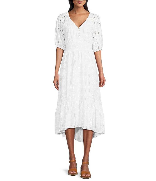 Nurture by Westbound Petite Size Embroidered Eyelet Elbow Sleeve Smocked Waist High-Low A-Line Midi Dress Product Image