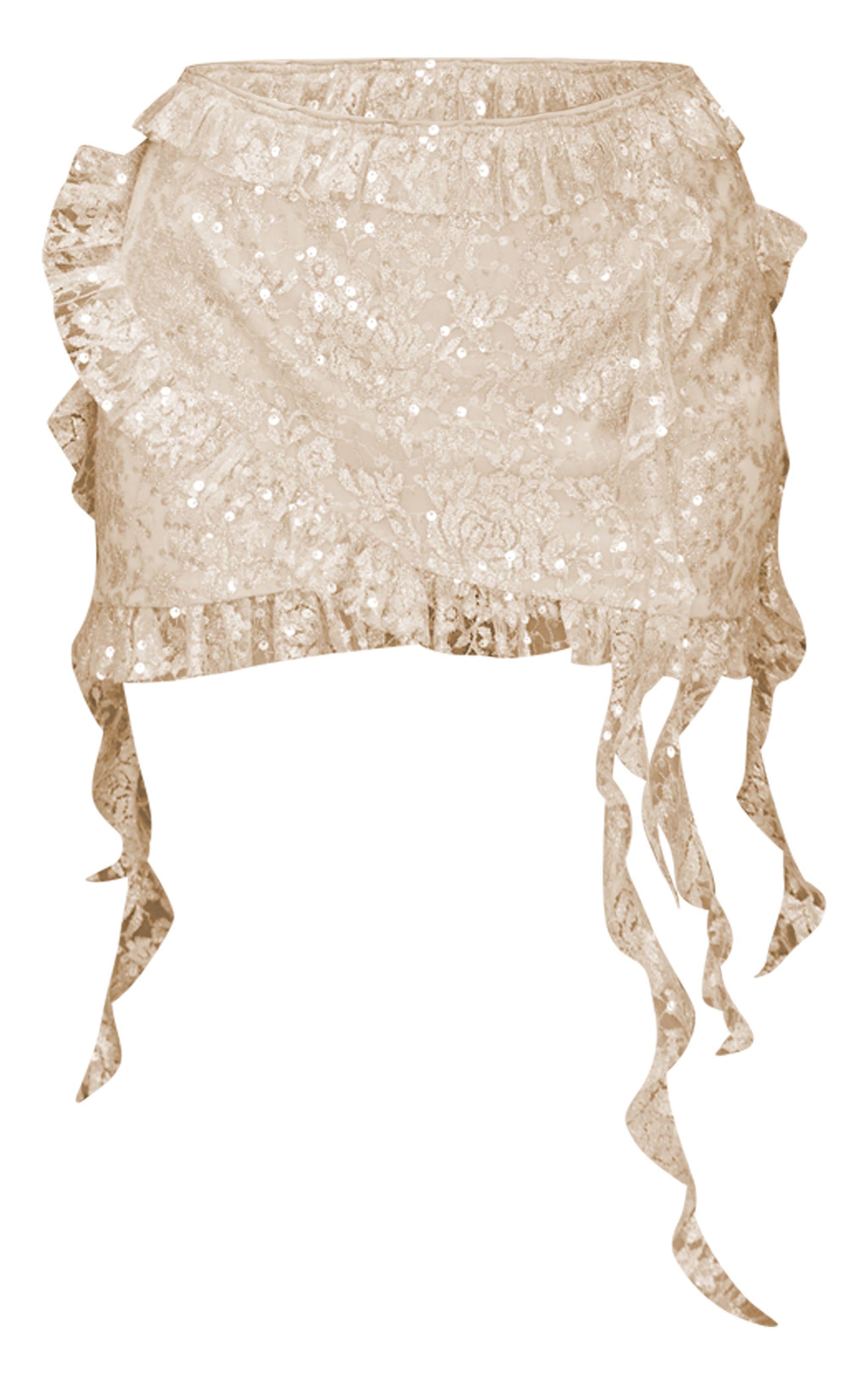 Champagne Sequin Lace Ruffle Detail Micro Mini Skirt Product Image