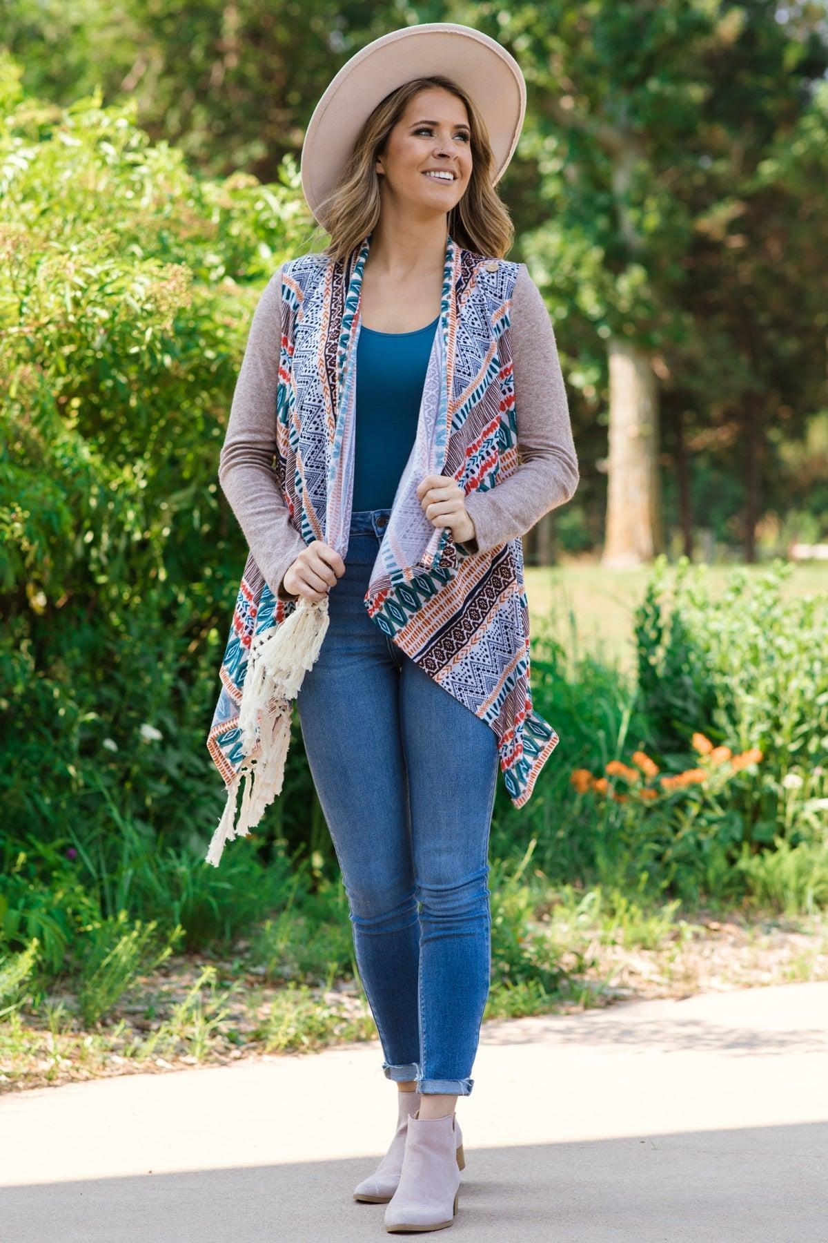 Taupe Multicolor Fringe Trim Aztec Cardigan Product Image