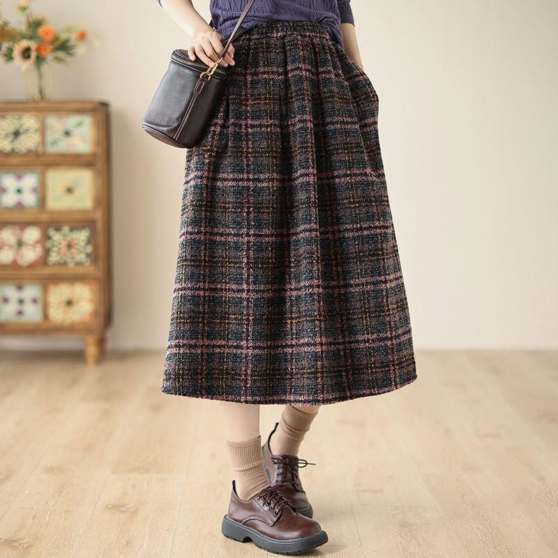 High Waist Plaid Midi A-Line Skirt Product Image