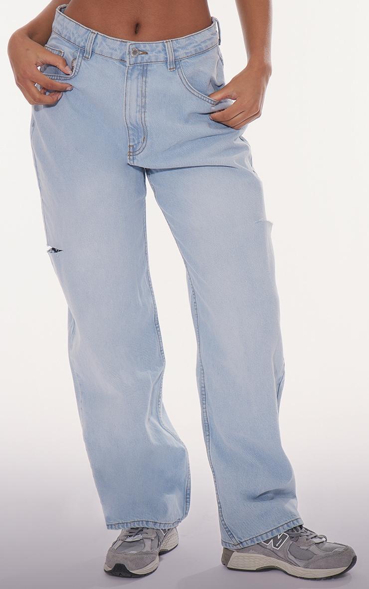 PRETTYLITTLETHING Light Blue Wash Thigh Split Boyfriend Jeans Product Image