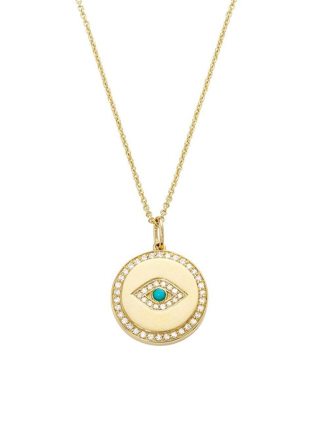 Womens 14K Yellow Gold, Diamond, & Turquoise Evil-Eye Medallion Necklace Product Image