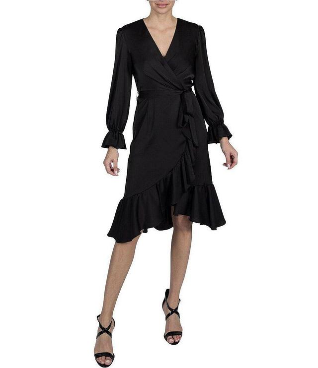 Julia Jordan Crepe Satin V-Neck Long Sleeve Tie Waist Ruffle Trim Wrap Dress Product Image