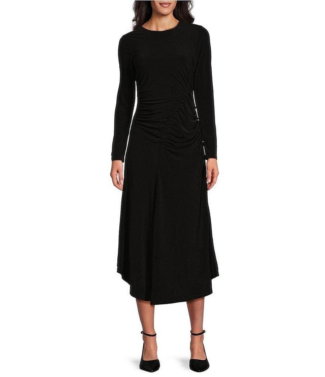 Maggy London Matte Jersey Round Neck Long Sleeve Asymmetrical Gathered Long Dress Product Image