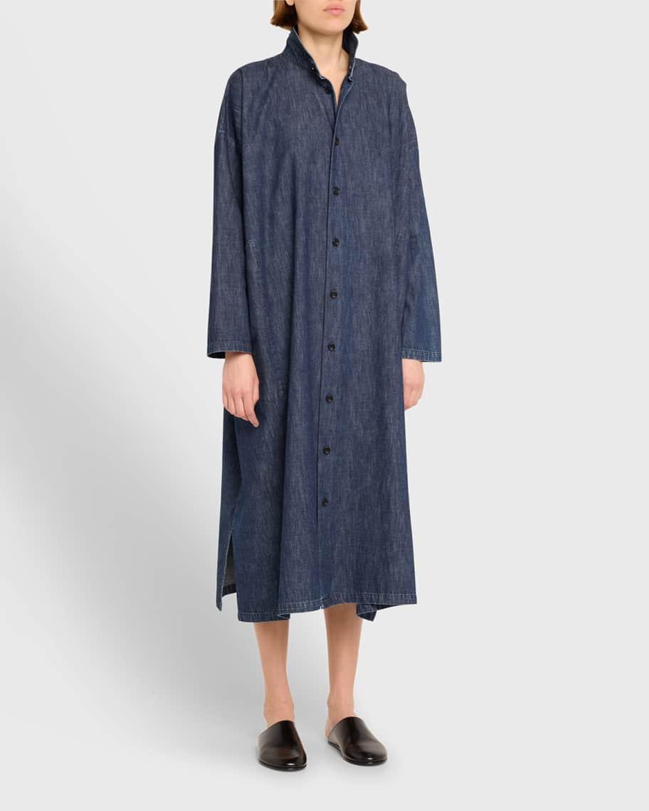 Wide A-Line Denim Shirtdress with Double Stand Collar Product Image