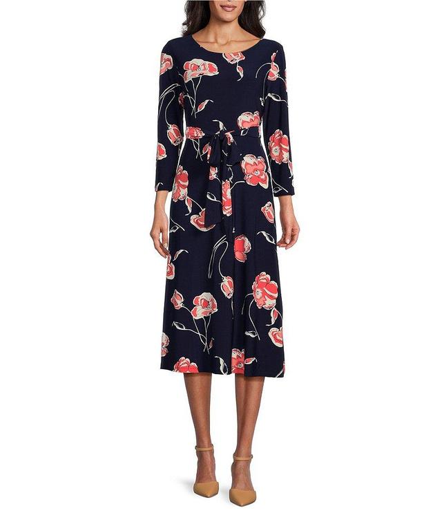 Kasper Stretch Woven Floral Print Scoop Neck 3/4 Sleeve Belted Fit & Flare Midi Dress Product Image