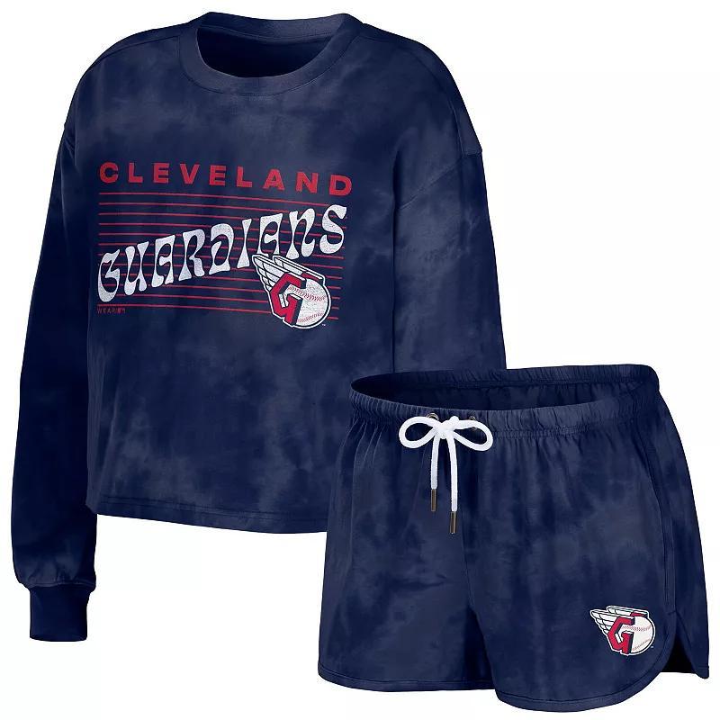 Womens WEAR by Erin Andrews Navy Cleveland Guardians Tie-Dye Cropped Pullover Sweatshirt & Shorts Lounge Set Grd Blue Product Image