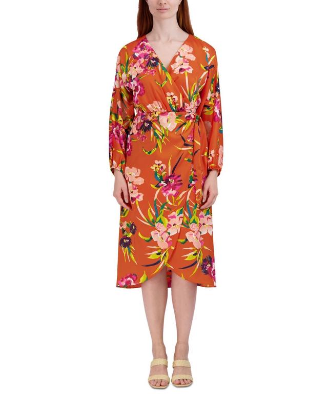 julia jordan Womens Printed Faux-Wrap Long-Sleeve Dress Product Image