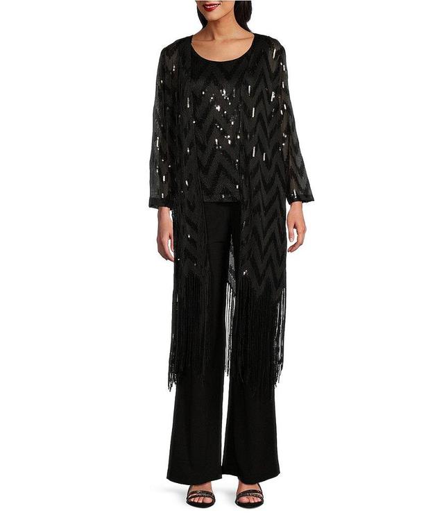 R & M Richards Long Sleeve Scoop Neck Chevron Embellished Sequin Fringe Power Mesh 3-Piece Pant Set Product Image