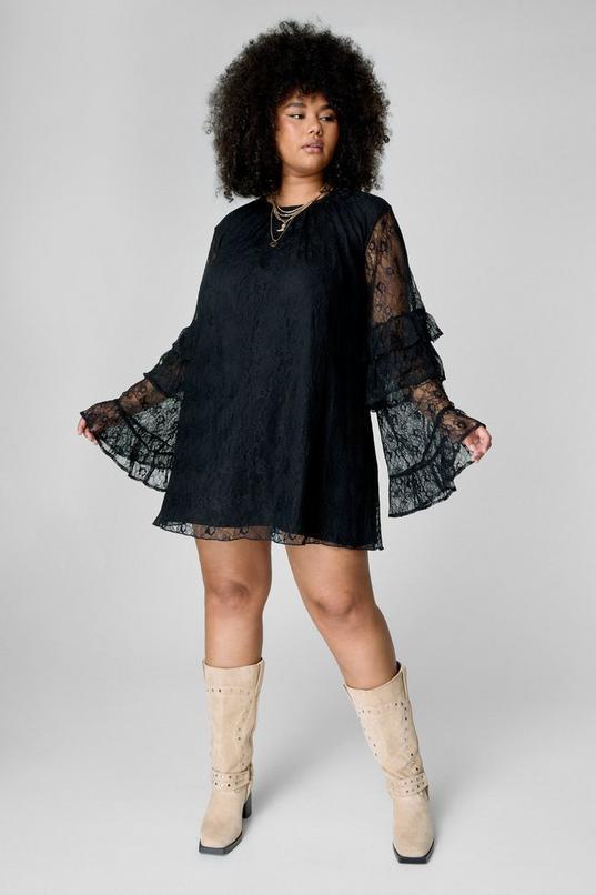 Plus Lace Ruffle Fluted Sleeve Tunic Mini Dress Product Image