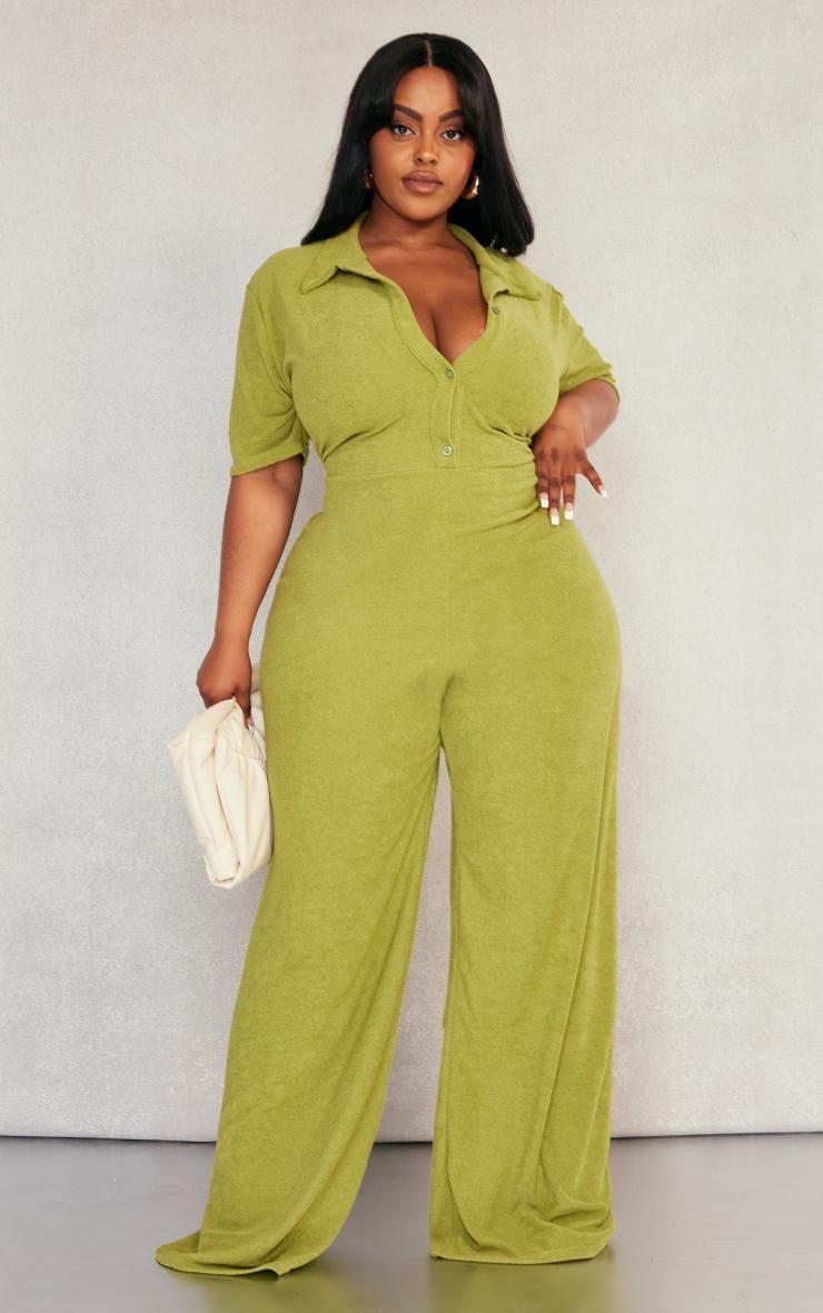  Plus Khaki Towelling Shirt Jumpsuit Product Image