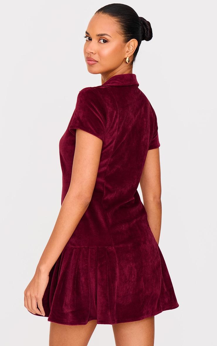 Burgundy Cord Button Down Cap Sleeve Pleated Hem Shift Dress Product Image