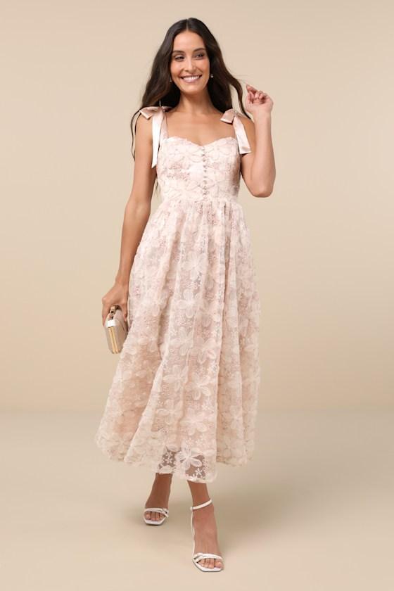 Precious Flair Blush Pink Sequin Floral Tie-Strap Midi Dress Product Image