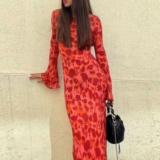 Long Sleeve Crew Neck Floral Maxi A-Line Dress Product Image