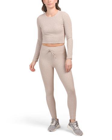 2pc Ribbed Long Sleeve Crop Top And Ribbed Leggings Set for Women | Polyester/Spandex Product Image