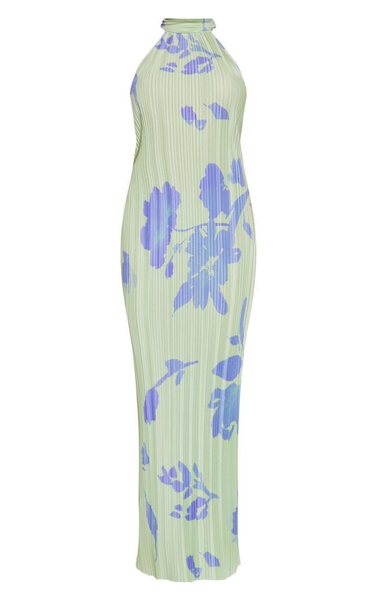  Petite Green Floral Print Plisse High Neck Low Back Maxi Dress Product Image