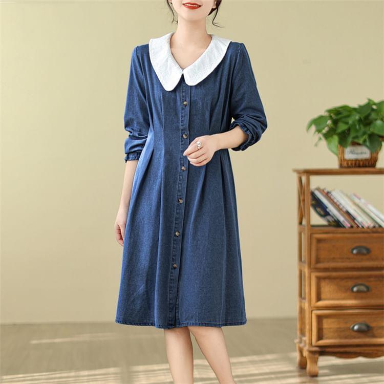 Long-Sleeve Collared Denim A-Line Shirt Dress Product Image