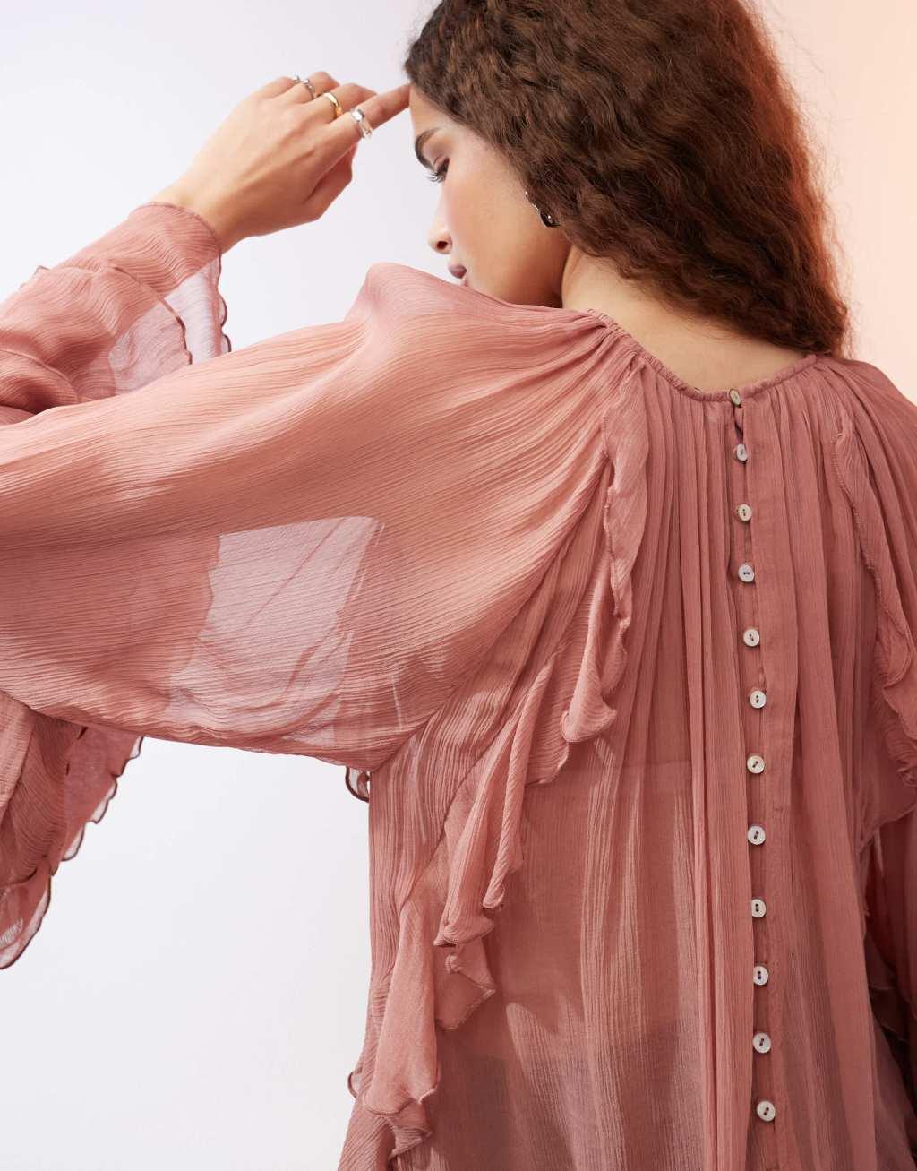 Mango ruffle and pleat front blouse in dusty pink Product Image