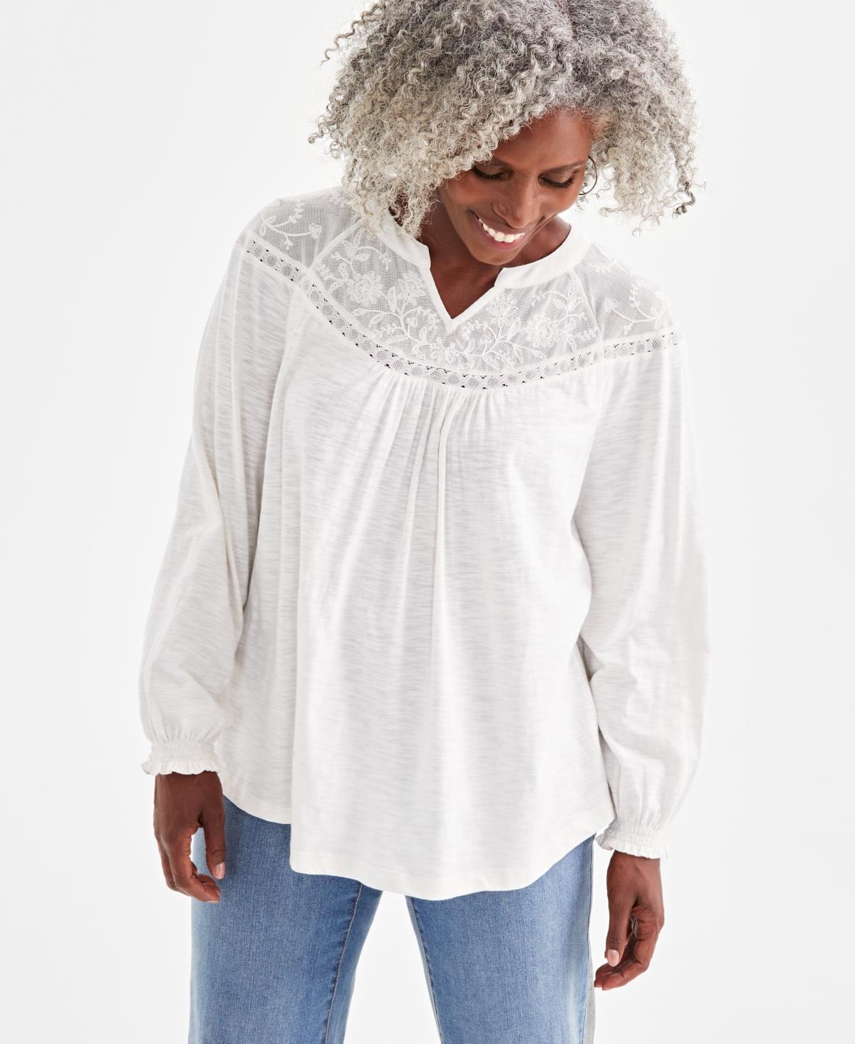 Style & Co Womens Lace-Trim Embroidered Top, Created for Macys Product Image