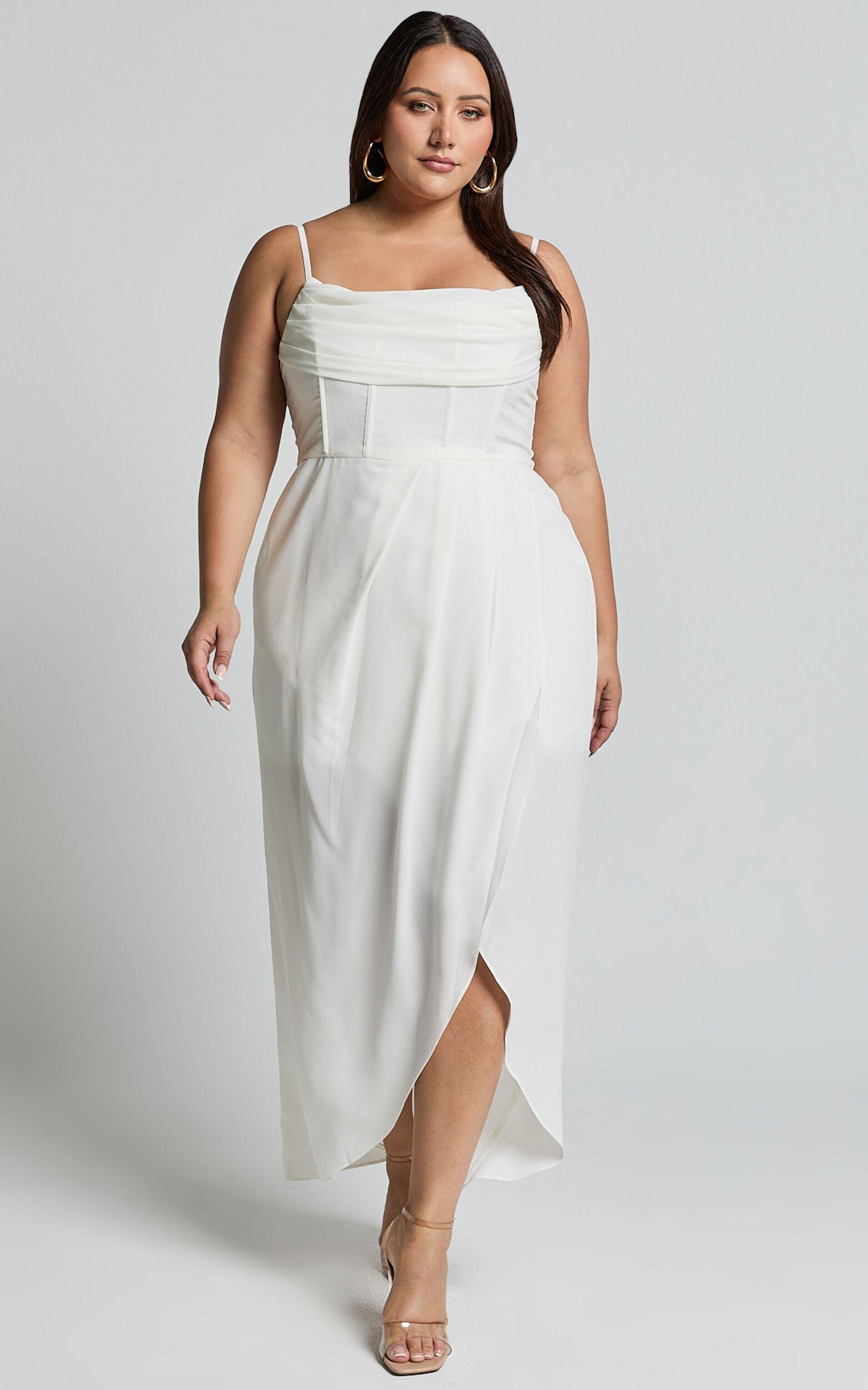 Andrina Midi Dress - High Low Wrap Corset Dress in White Product Image