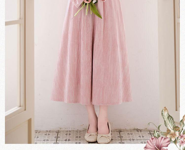 Long-Sleeve U-Neck Velvet Midi A-Line Dress Product Image