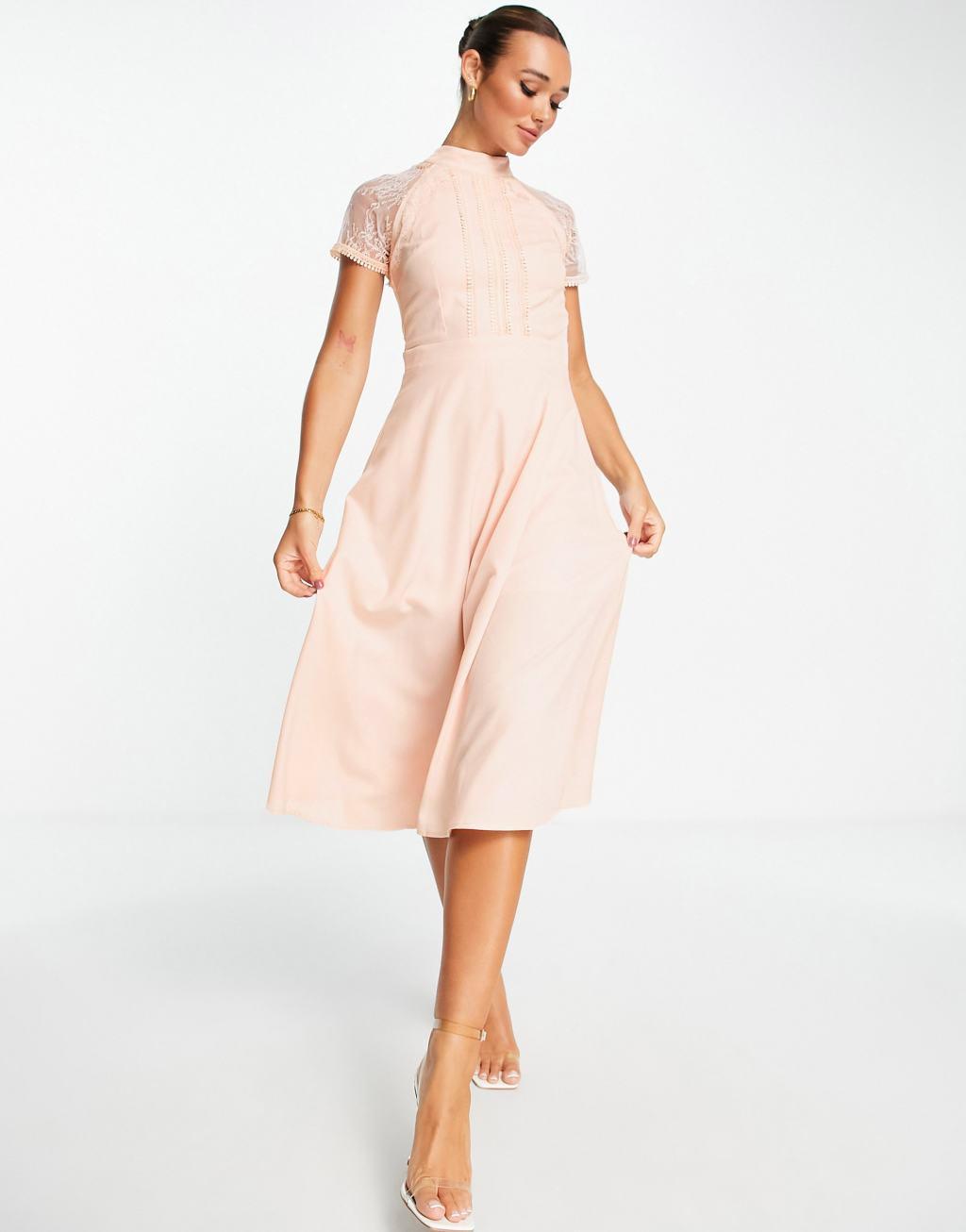 Liquorish a line lace detail midi dress in pale pink Product Image