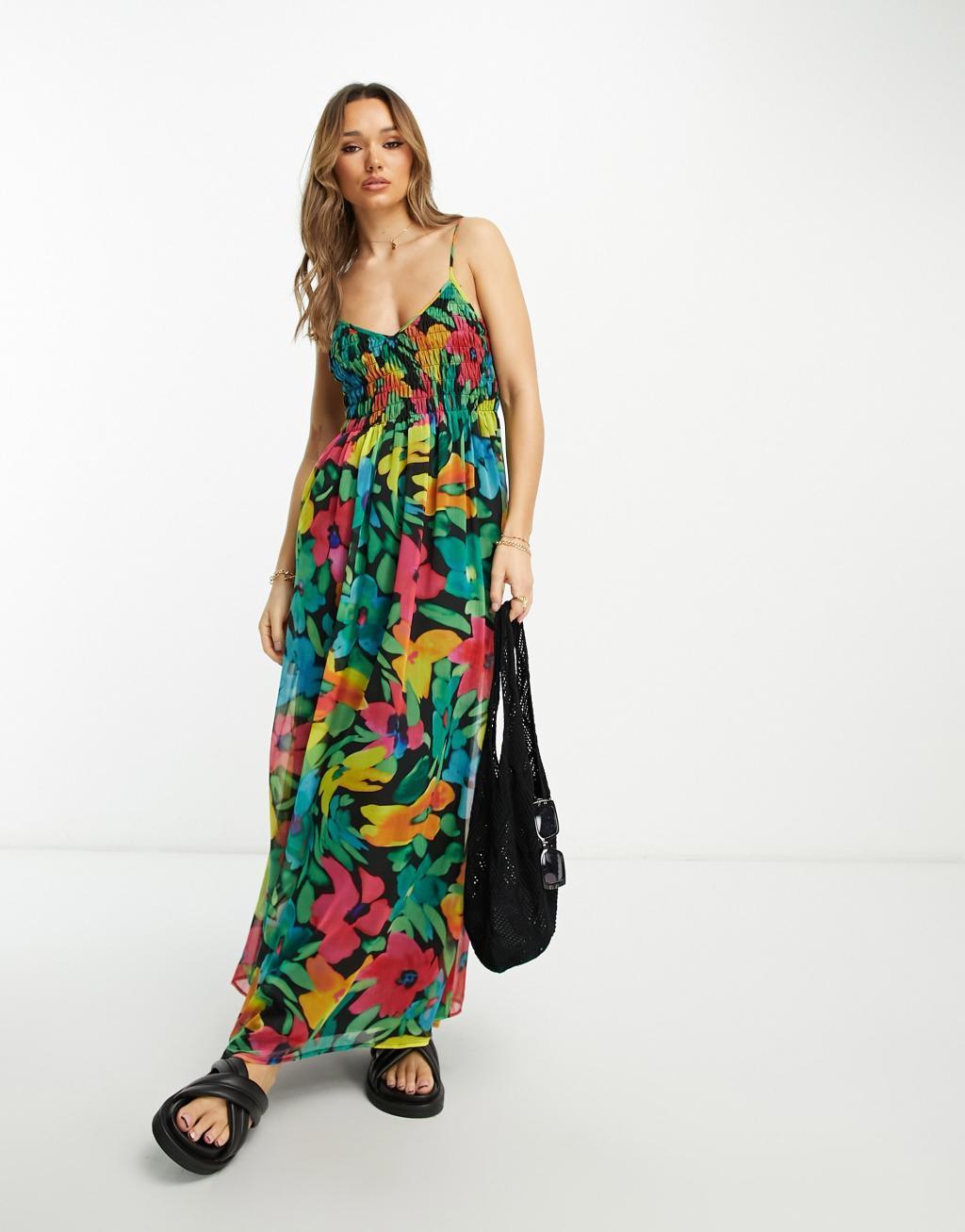 ASOS DESIGN soft shirred cami midi sundress in blurred floral print Product Image