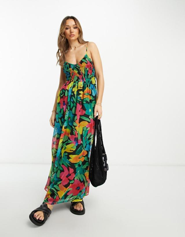 ASOS DESIGN soft shirred cami midi sundress in blurred floral print Product Image