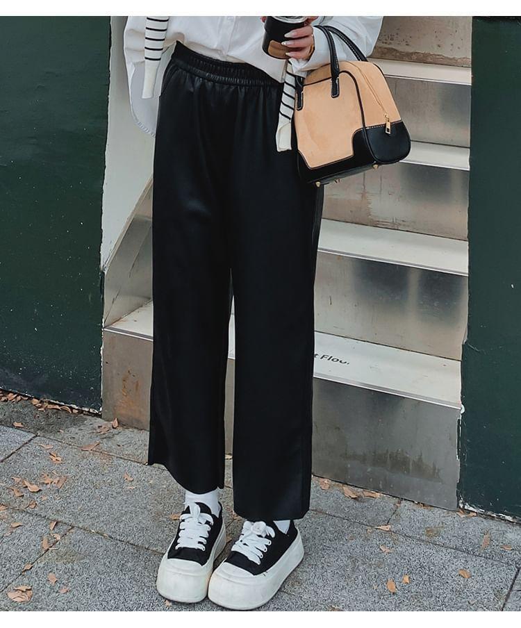 High Rise Faux Leather Crop Wide Leg Pants Product Image