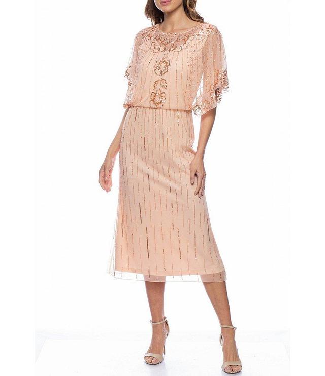 Marina Short Sleeve Crew Neck Beaded Midi Blouson Dress Product Image