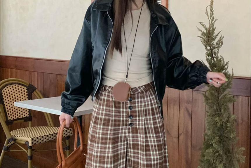 Mid Waist Plaid Button Fly Wide Leg Pants Product Image