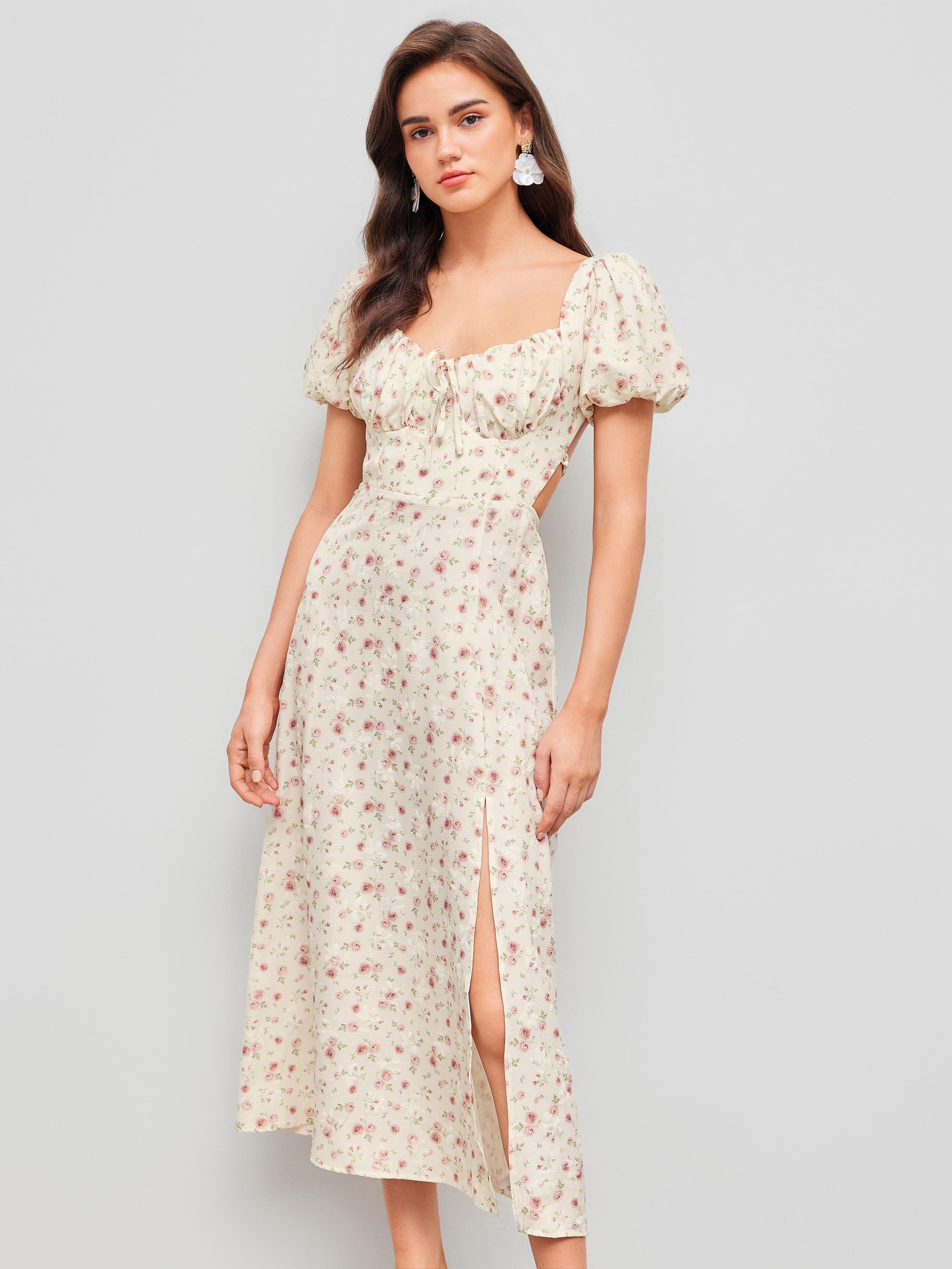 Square Neck Floral Criss Cross Knotted Backless Split Midi Dress Product Image