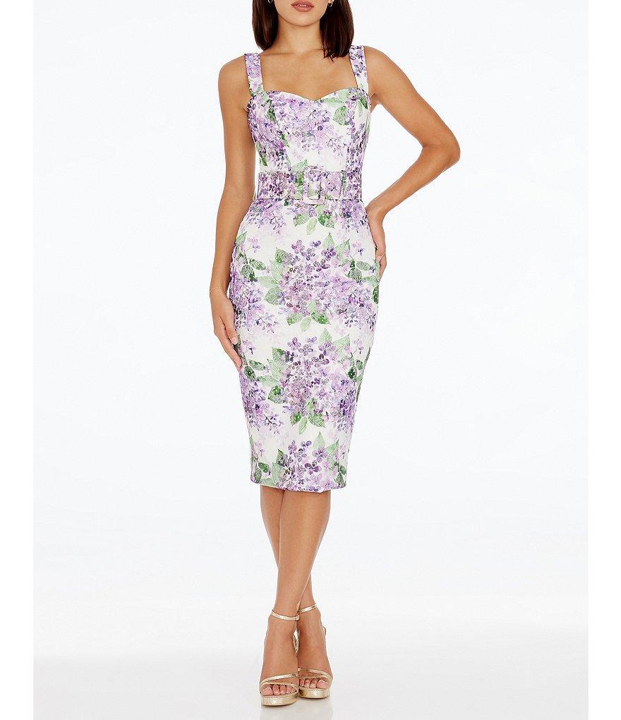 Dress the Population Nicole Floral Print Sweetheart Neck Sleeveless Belted Dress Product Image