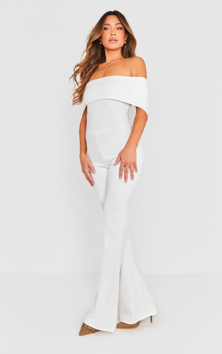 Off White Off Shoulder Lace Up Back Jumpsuit Product Image